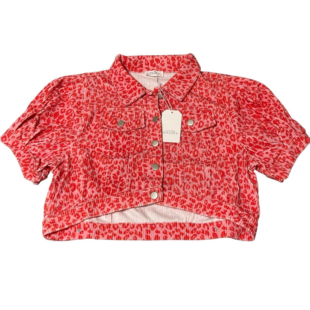 NWT Emily Wonder Red pink Animal Print Button Down Shirt velvet corduroy 🔥